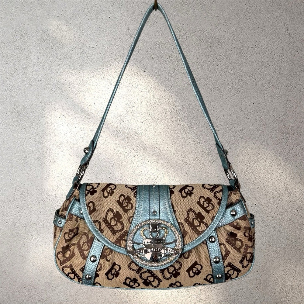 Vtg Y2K Kathy Van Zeeland Buckle Jacquard Turquoise Metallic Trim Shoulder Bag